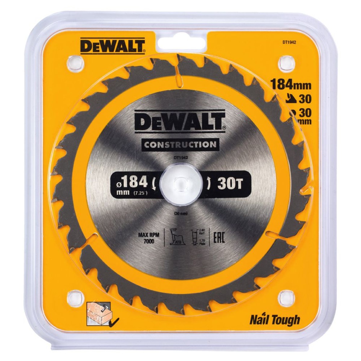 Диск пильный DeWalt CONSTRUCTION по дереву с гвоздями 184/30 30 ATB +10 ...